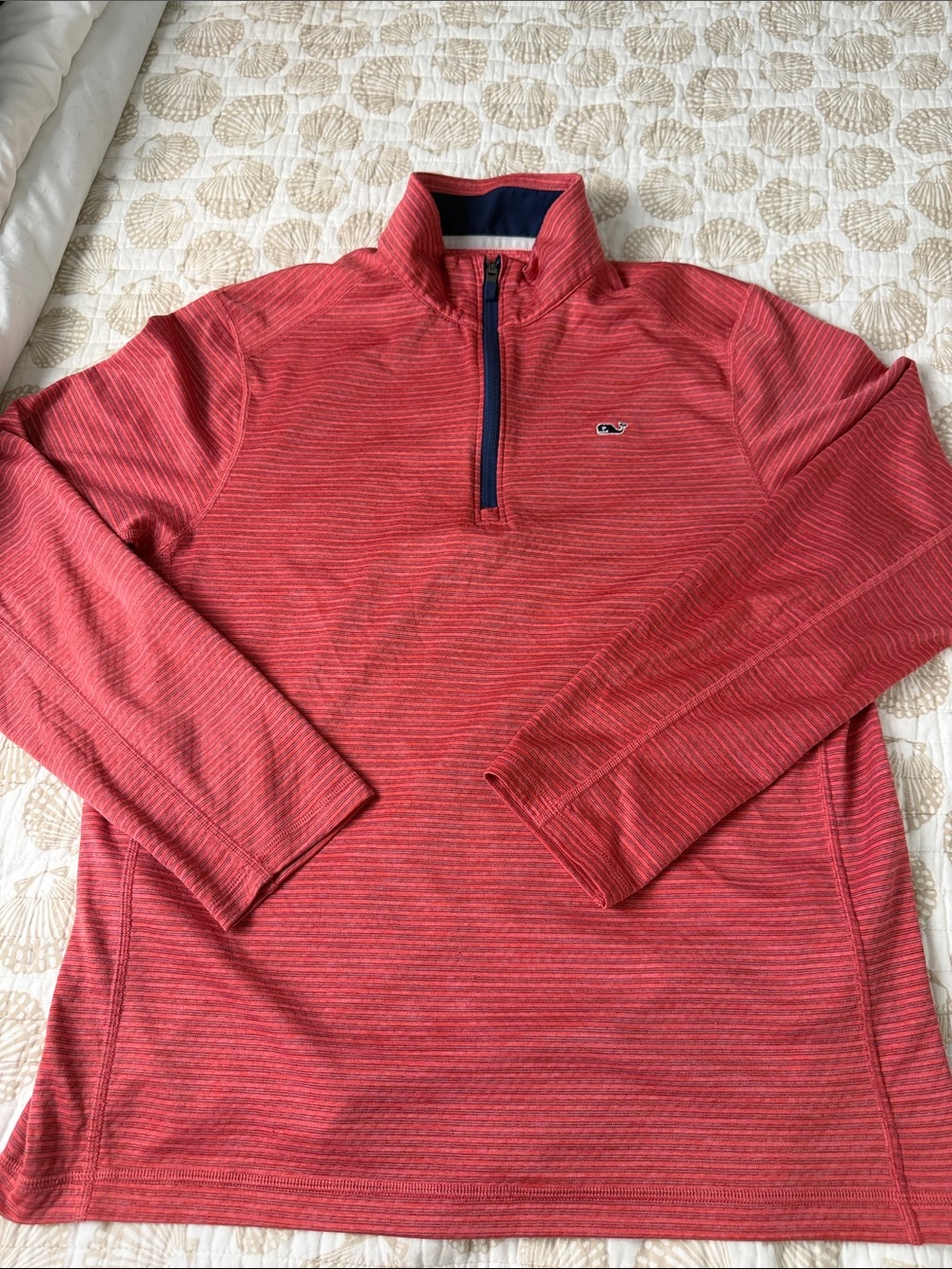 Vineyard Vines Red Striped 1/4 Zip Pullover with Navy Trim